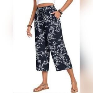 J. Jill Wearever SZ L Navy Blue White Floral Pull On Wide Leg Capris